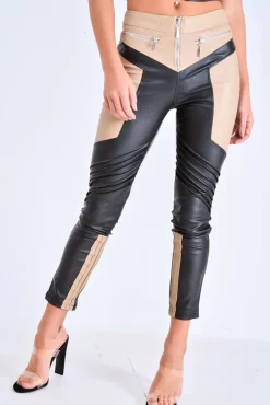 Rebellious Fashion Beige PU Colour Block Trousers - Mammie