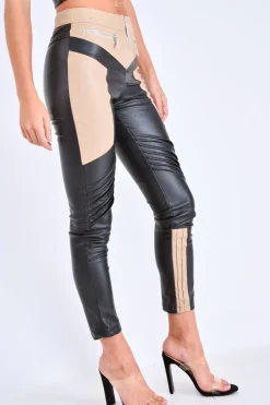 Rebellious Fashion Beige PU Colour Block Trousers - Mammie