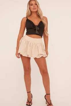Rebellious Fashion Beige Puffball Detail Waist Band Mini Skirt - Clova