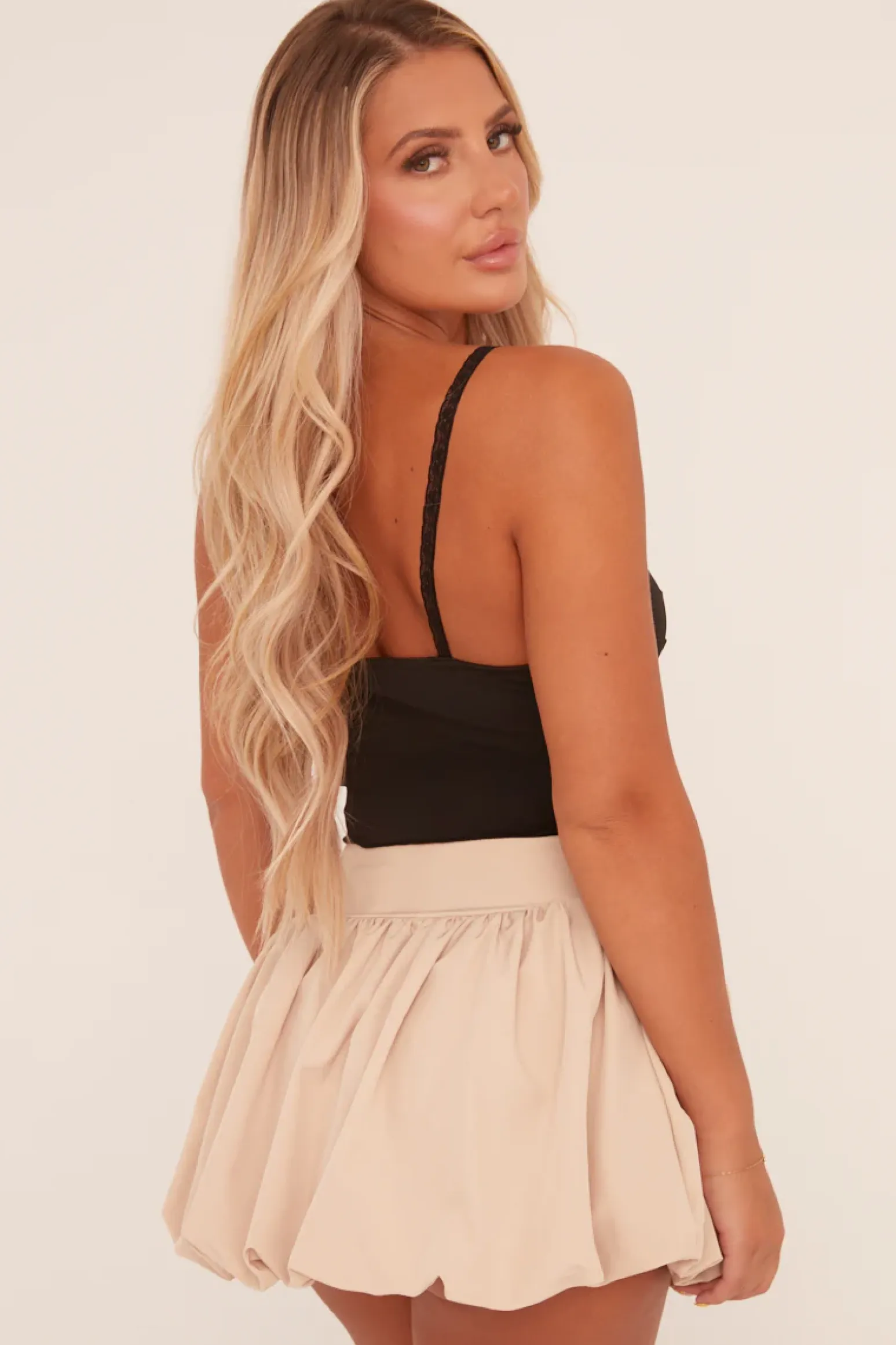 Rebellious Fashion Beige Puffball Detail Waist Band Mini Skirt - Clova