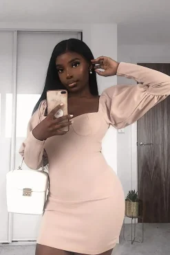 Rebellious Fashion Beige Puff Sleeve Bardot Neckline Milkmaid Mini Dress - Nyomi