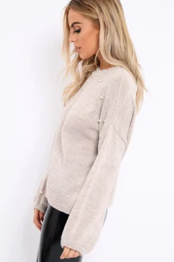 Rebellious Fashion Beige Puff Sleeve Pearl Chunky Knit Jumper - Nancie