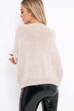 Rebellious Fashion Beige Puff Sleeve Pearl Chunky Knit Jumper - Nancie