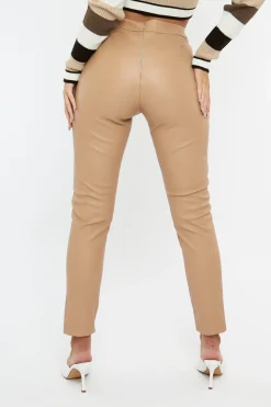 Rebellious Fashion Beige PU Leather Front Slit Trousers - Caro