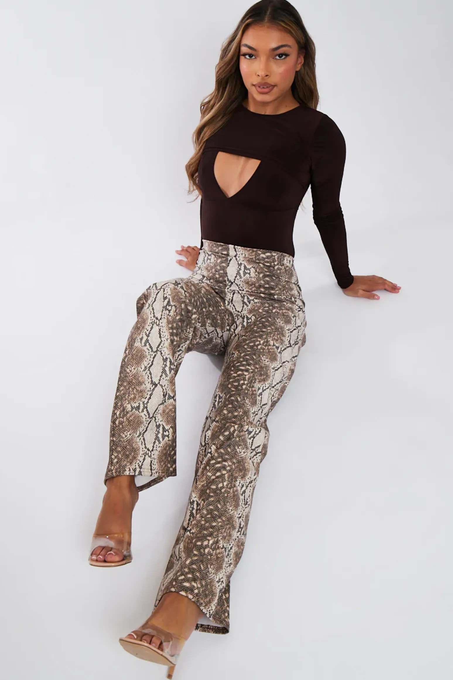 Rebellious Fashion Beige PU Snake Print Leather Straight Leg Trousers - Jodie