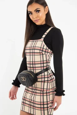 Rebellious Fashion Beige Red Check Square Neck Mini Dress - Kysa