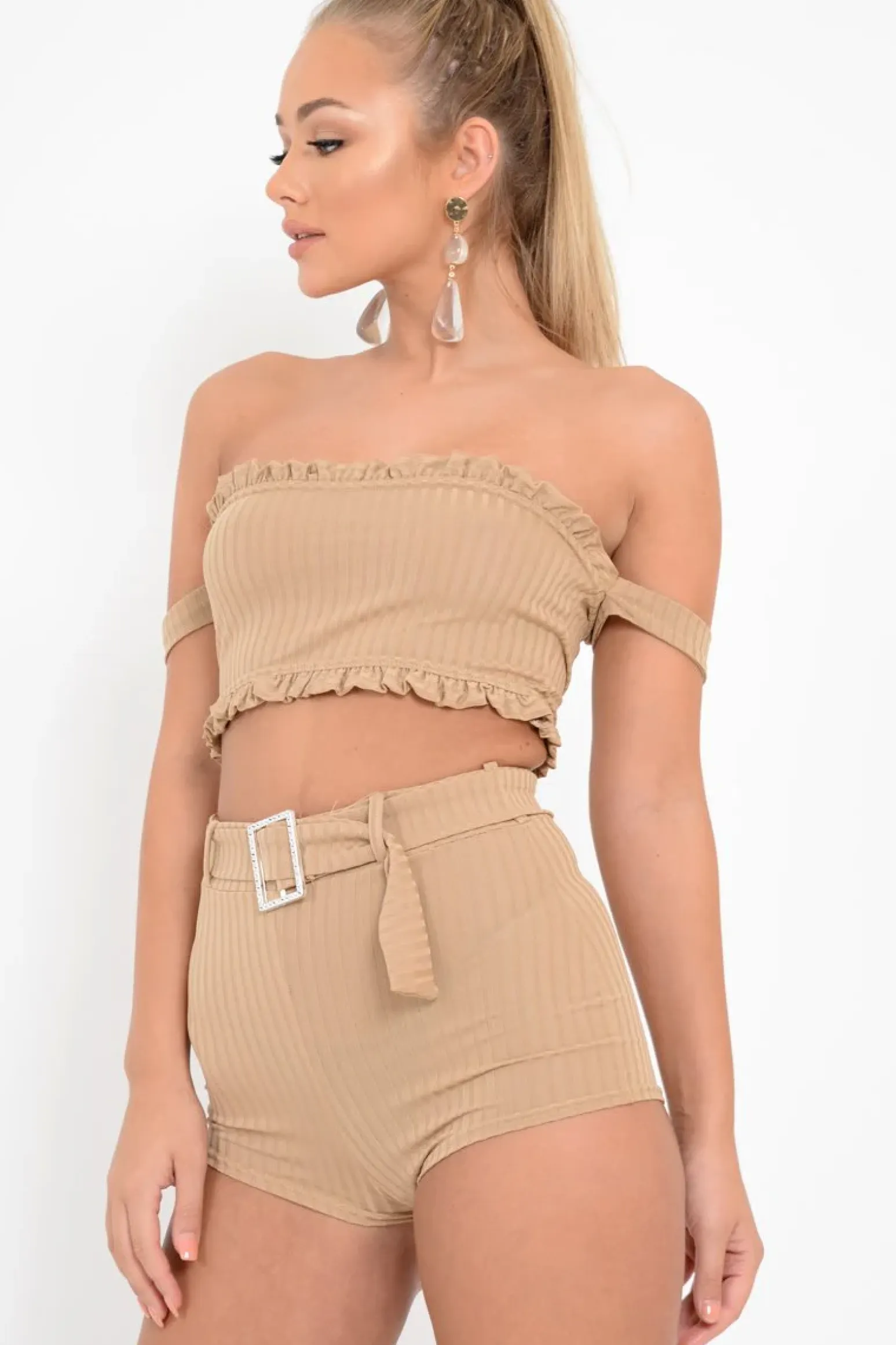 Rebellious Fashion Beige Ribbed Bardot Crop Top and Shorts Co-ord - Elissa