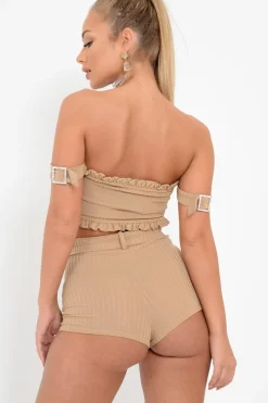 Rebellious Fashion Beige Ribbed Bardot Crop Top and Shorts Co-ord - Elissa
