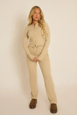Rebellious Fashion Beige Ribbed Button Front Long Sleeve Top and Trouser Co-Ord - Giselle