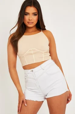 Rebellious Fashion Beige Ribbed Corset Racer Crop Top - Frida
