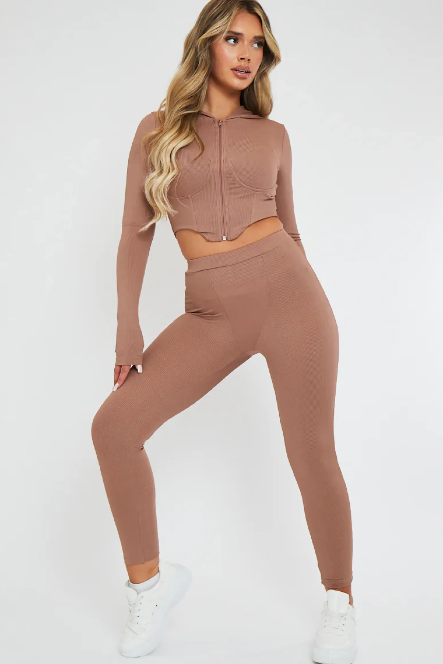 Rebellious Fashion Beige Ribbed Corset Style Hoodie & Leggings Set - Navah