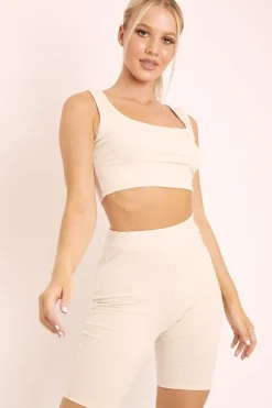 Rebellious Fashion Beige Ribbed Crop Top and Cycling Shorts Co-ord - Nina