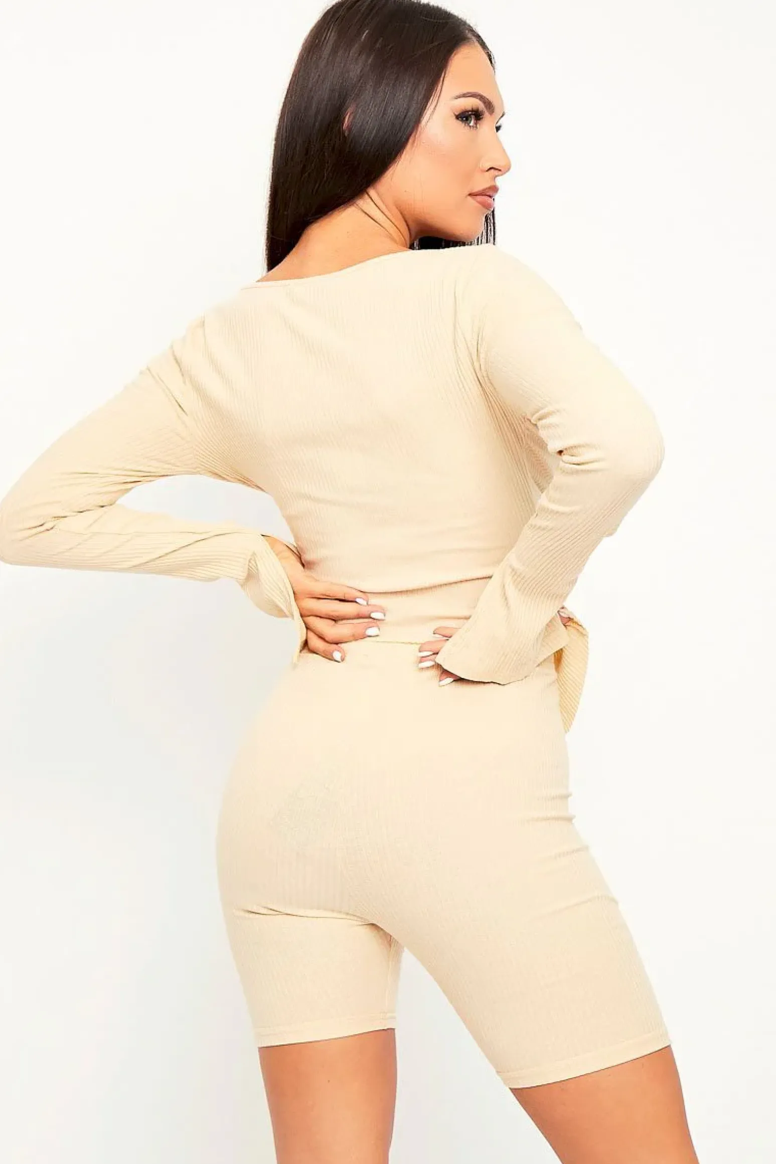 Rebellious Fashion Beige Ribbed Double Zip Top Cycling Short Co-ord - Jamia