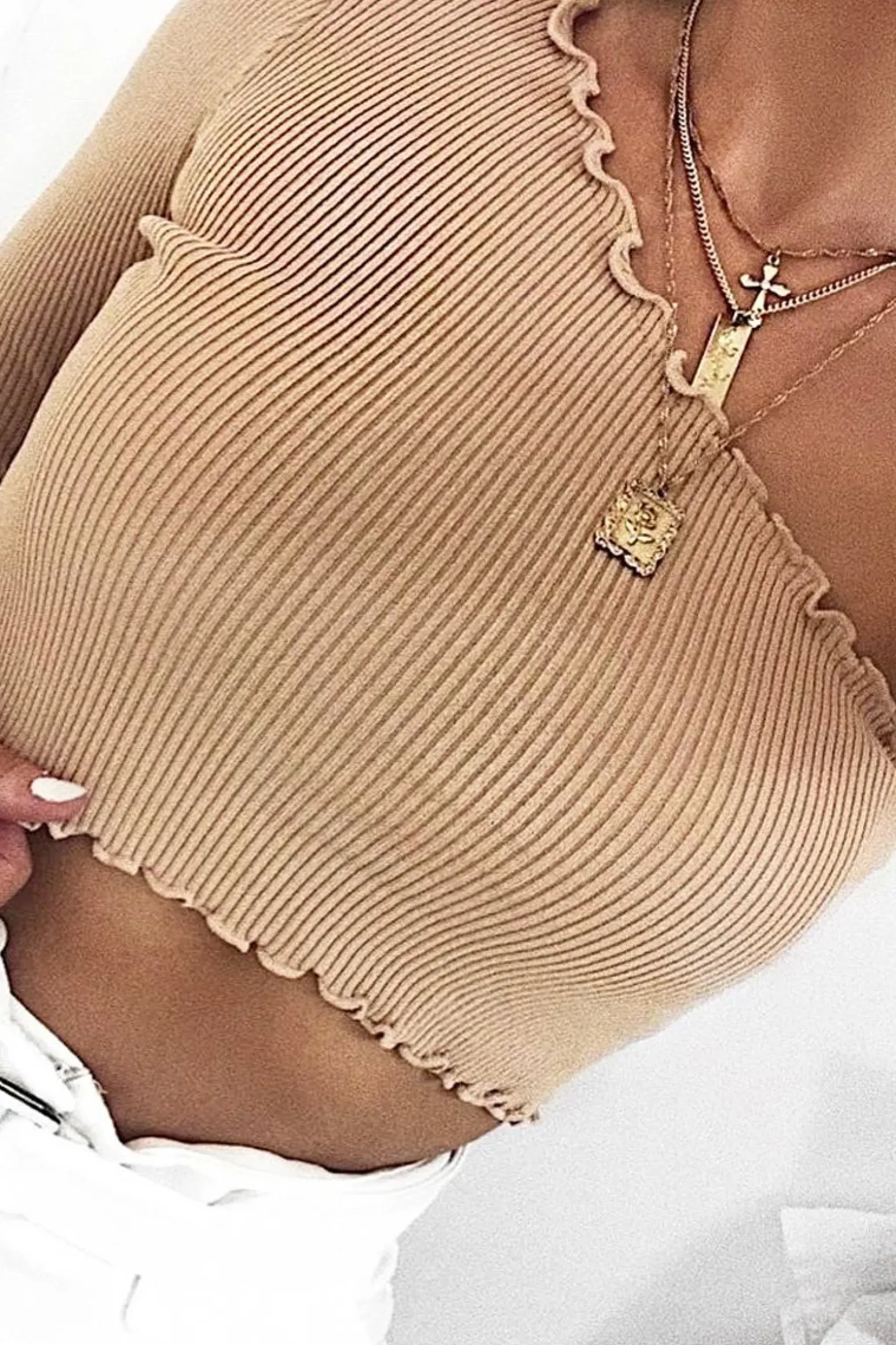 Rebellious Fashion Beige Ribbed One Shoulder Lettuce Hem Top - Henlee