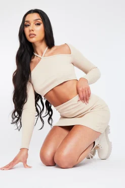 Rebellious Fashion Beige Rib Halter Neck Crop Top & Mini Skirt Set - Acadia