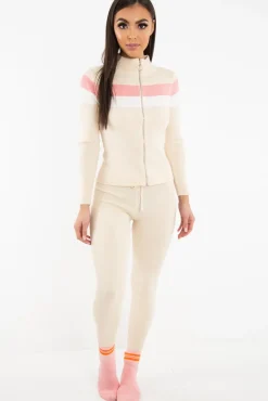 Rebellious Fashion Beige Rib Knit Colour Block Loungewear Set - Jaysie