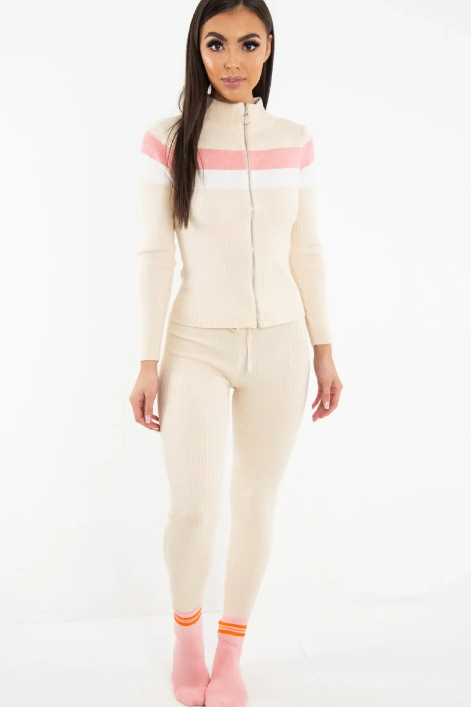 Rebellious Fashion Beige Rib Knit Colour Block Loungewear Set - Jaysie