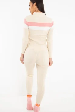 Rebellious Fashion Beige Rib Knit Colour Block Loungewear Set - Jaysie