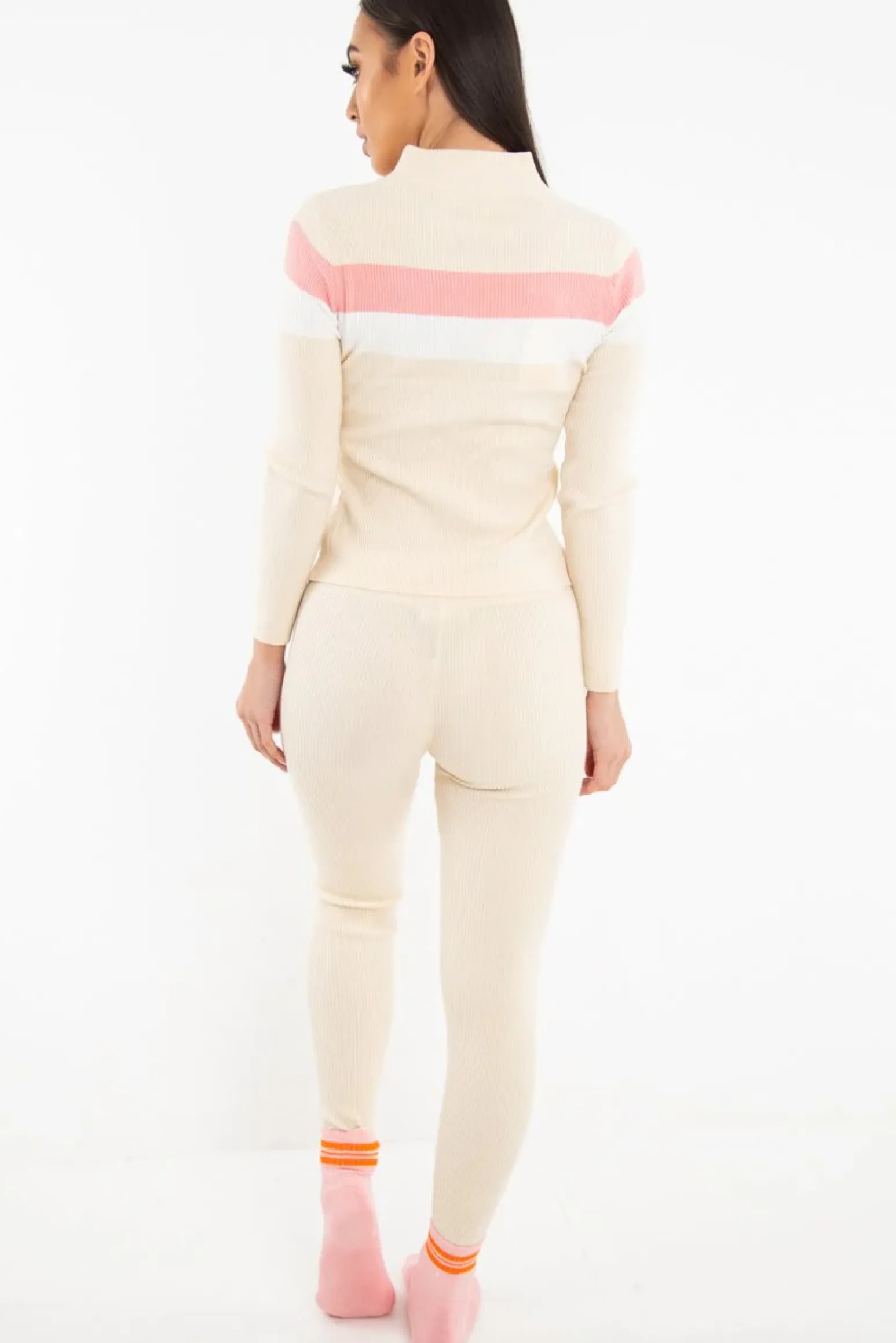 Rebellious Fashion Beige Rib Knit Colour Block Loungewear Set - Jaysie