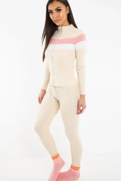 Rebellious Fashion Beige Rib Knit Colour Block Loungewear Set - Jaysie