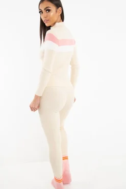 Rebellious Fashion Beige Rib Knit Colour Block Loungewear Set - Jaysie