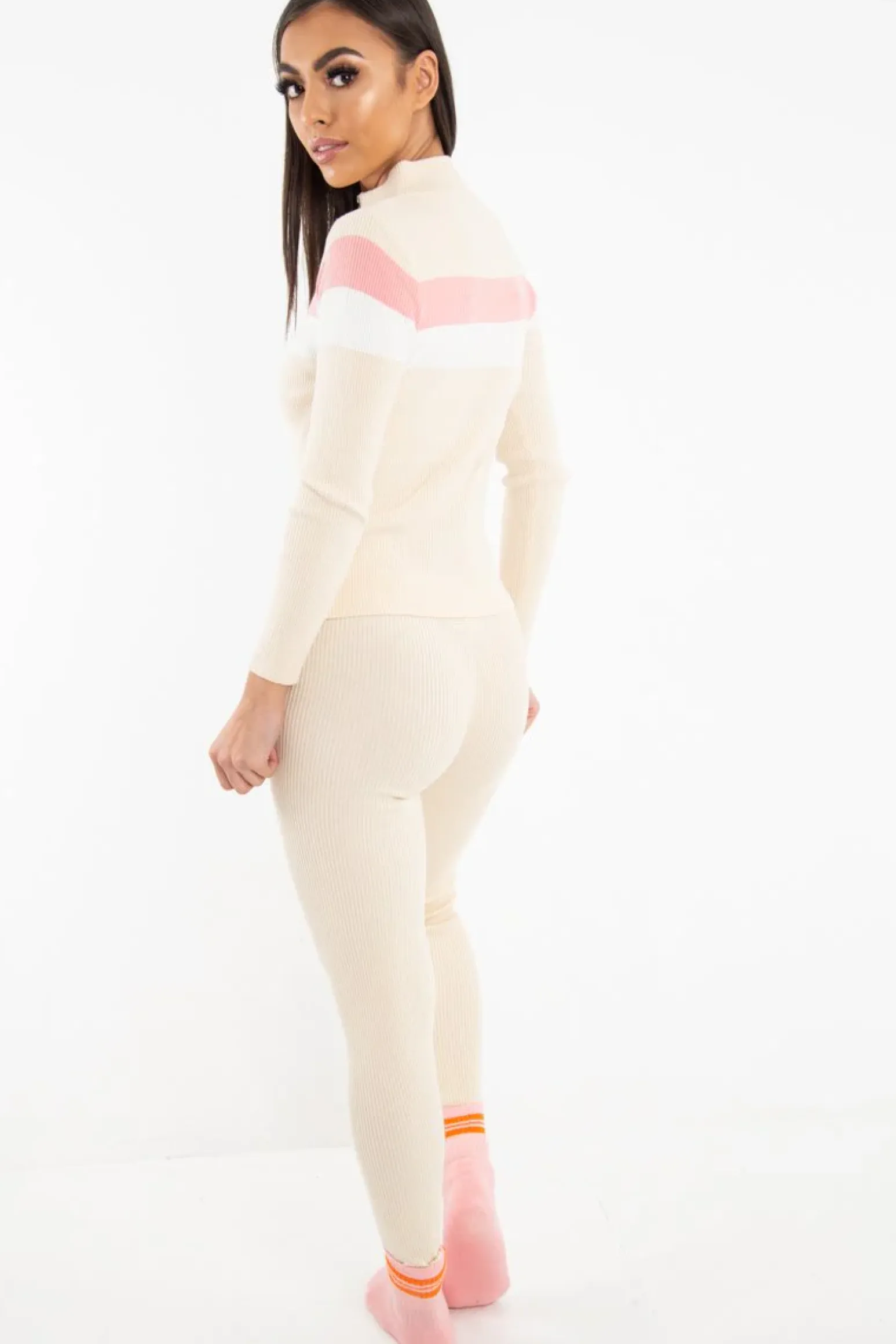 Rebellious Fashion Beige Rib Knit Colour Block Loungewear Set - Jaysie