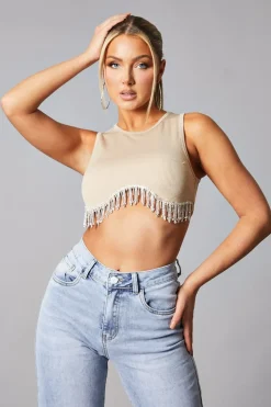 Rebellious Fashion Beige Rib Knit Diamante Detail Cropped Top -- Jade