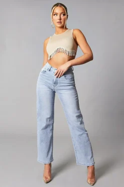 Rebellious Fashion Beige Rib Knit Diamante Detail Cropped Top -- Jade
