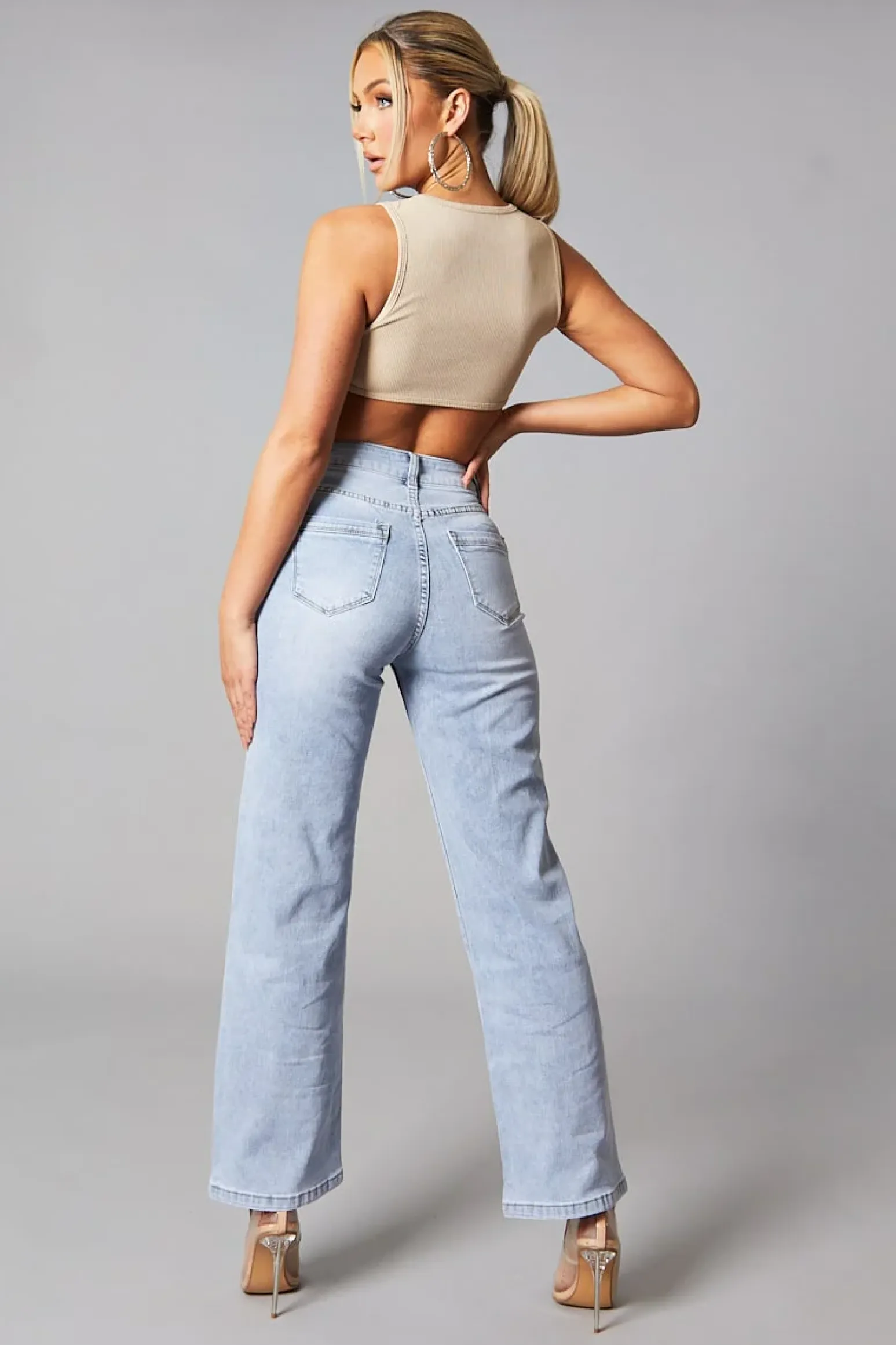 Rebellious Fashion Beige Rib Knit Diamante Detail Cropped Top -- Jade