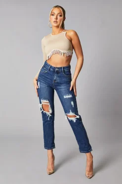 Rebellious Fashion Beige Rib Knit Diamante Detail One Sleeve Cropped Top -- Aina