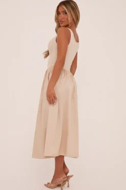 Rebellious Fashion Beige Rib Knit Drop Waist Scoop Neck Maxi Dress - Elian