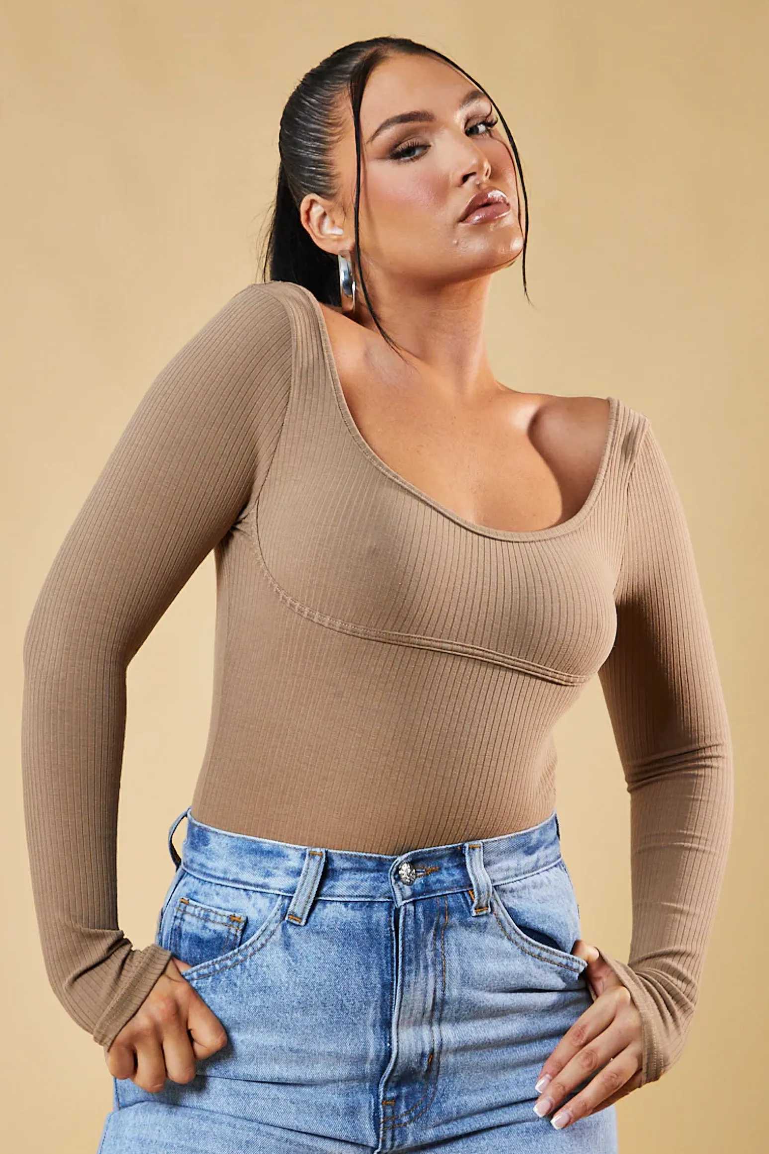 Rebellious Fashion Beige Rib Knit Long Sleeve Bodysuit - Vari