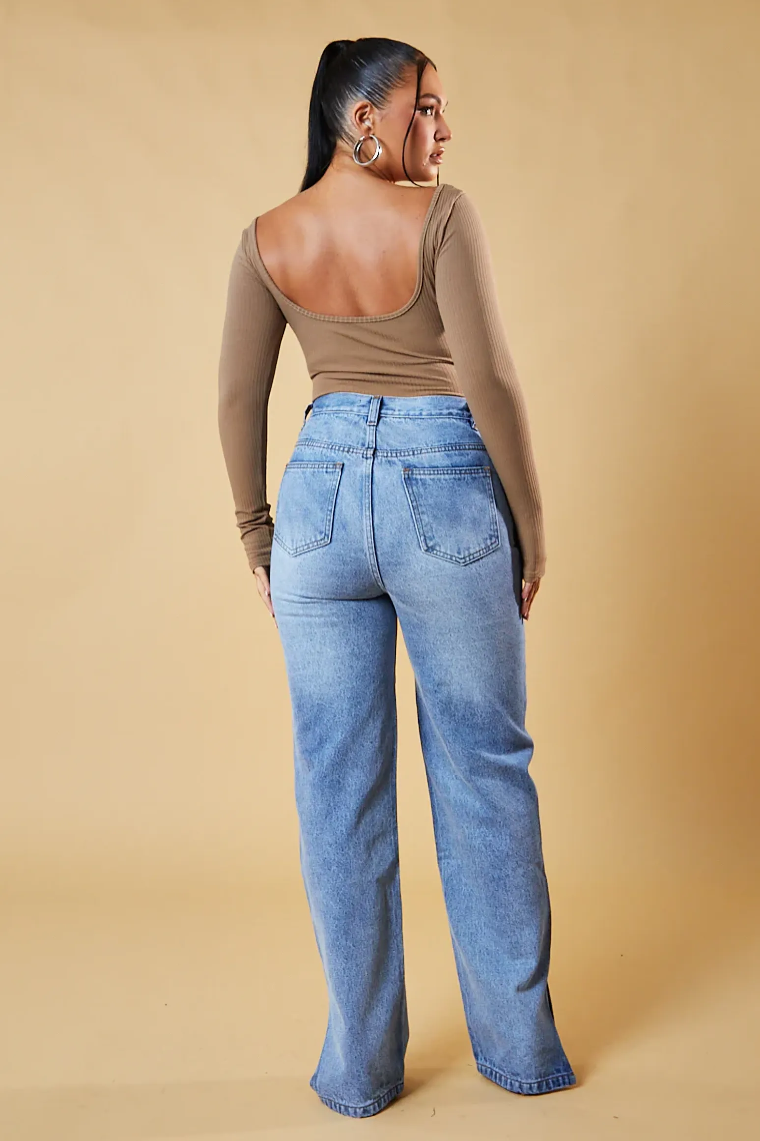 Rebellious Fashion Beige Rib Knit Long Sleeve Bodysuit - Vari