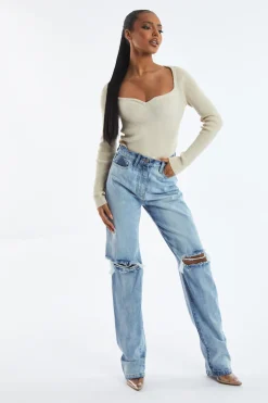 Rebellious Fashion Beige Rib Knit Long sleeve Top - Gianna