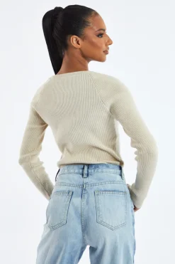 Rebellious Fashion Beige Rib Knit Long sleeve Top - Gianna