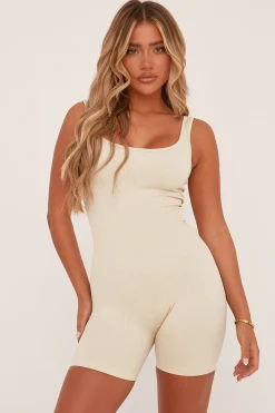 Rebellious Fashion Beige Rib Knit Seamless Unitard - Bleona