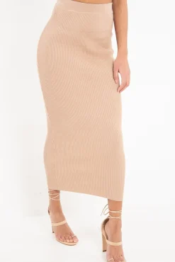 Rebellious Fashion Beige Rib Knitted Midi Skirt - Kloey