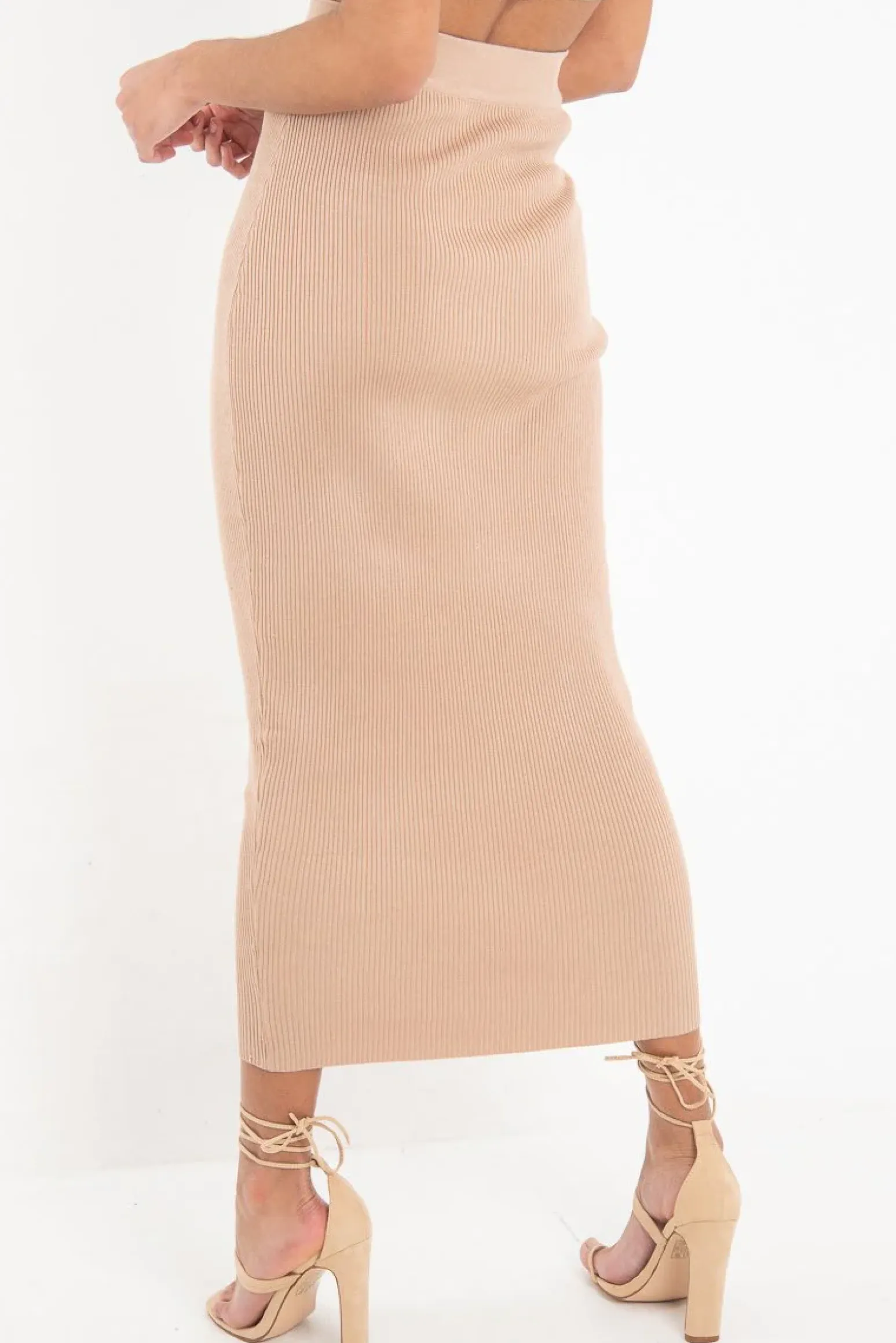 Rebellious Fashion Beige Rib Knitted Midi Skirt - Kloey
