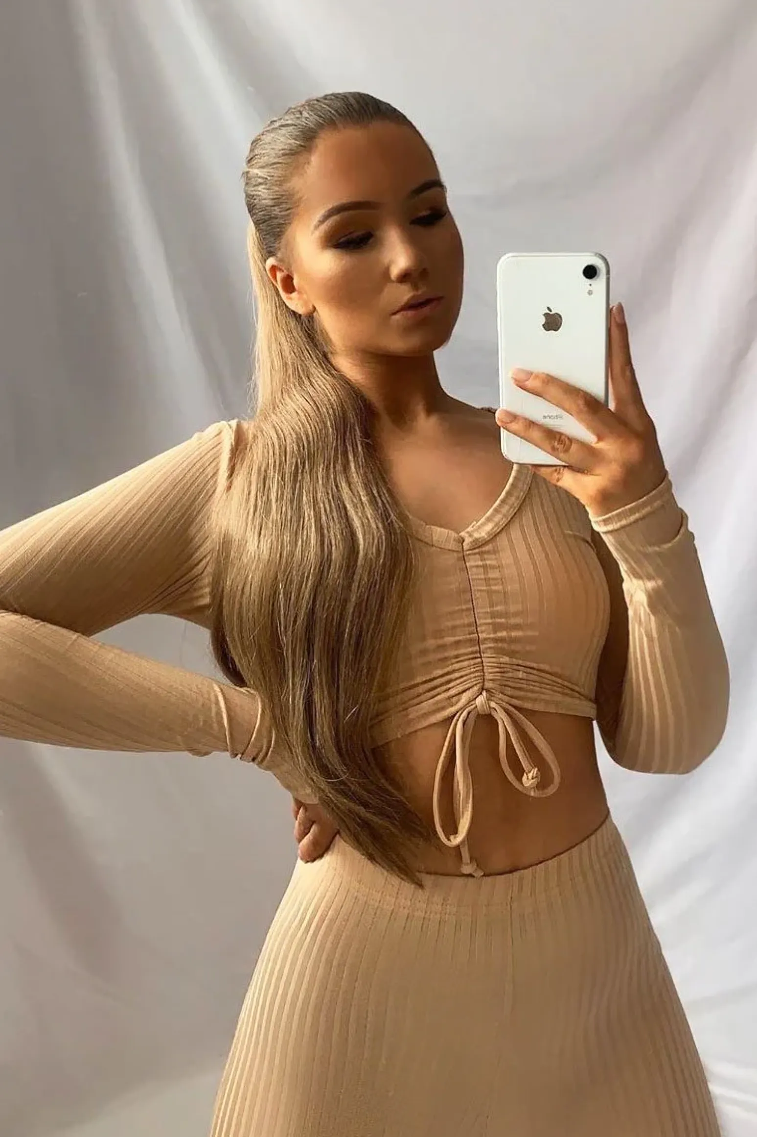 Rebellious Fashion Beige Rib Ruched Front Crop Top Legging Loungewear Co-Ord - Victoria