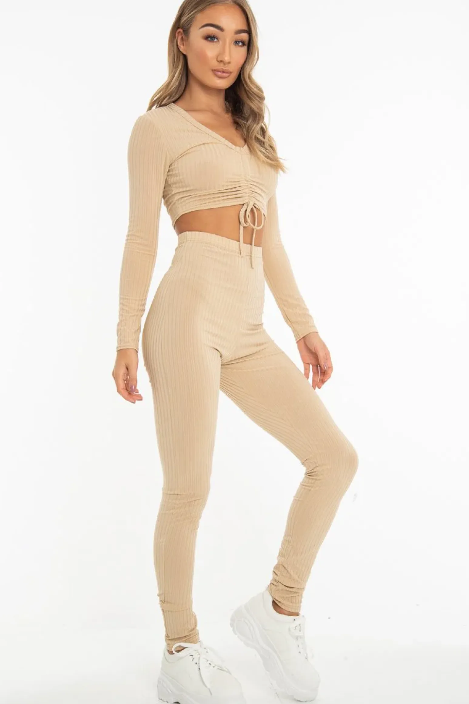 Rebellious Fashion Beige Rib Ruched Front Crop Top Legging Loungewear Co-Ord - Victoria