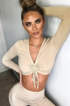 Rebellious Fashion Beige Rib Ruched Front Crop Top Legging Loungewear Co-Ord - Victoria
