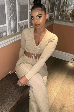 Rebellious Fashion Beige Rib Ruched Front Crop Top Legging Loungewear Co-Ord - Victoria