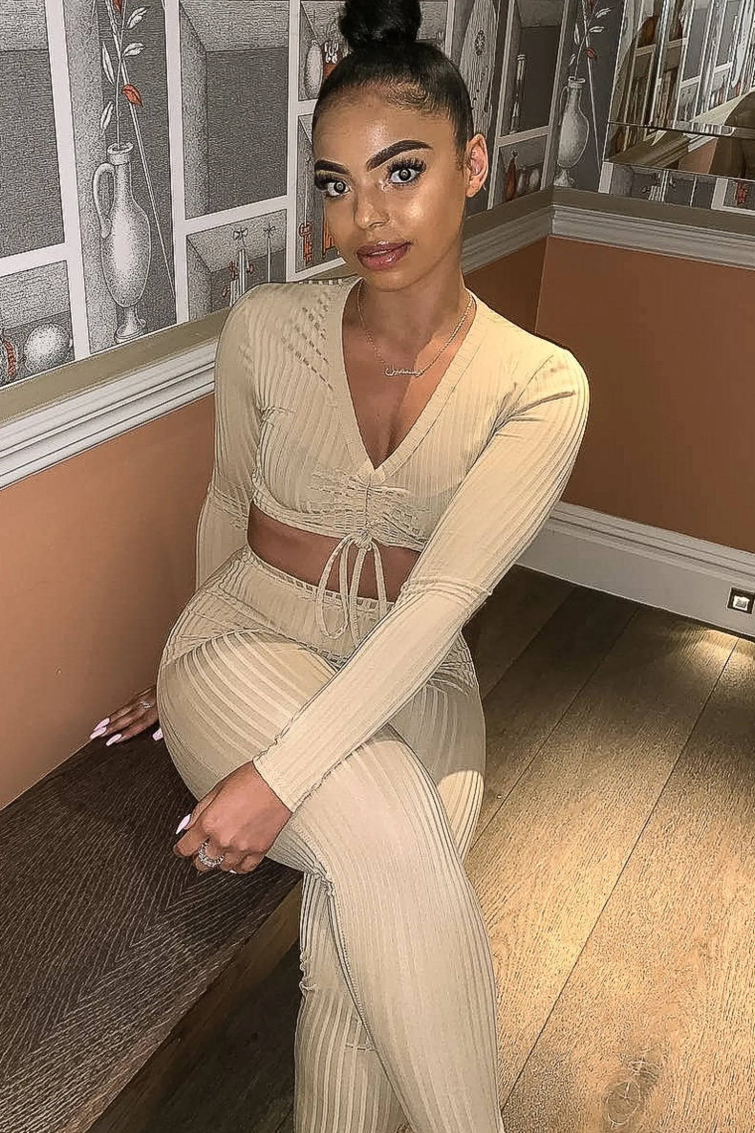 Rebellious Fashion Beige Rib Ruched Front Crop Top Legging Loungewear Co-Ord - Victoria