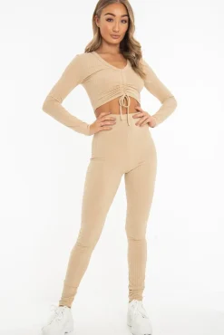 Rebellious Fashion Beige Rib Ruched Front Crop Top Legging Loungewear Co-Ord - Victoria