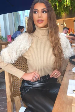 Rebellious Fashion Beige Roll Neck Fluffy Sleeve Ribbed Top - Kacey