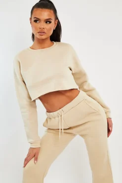Rebellious Fashion Beige Round Neck Cropped Sweatshirt - Lenny