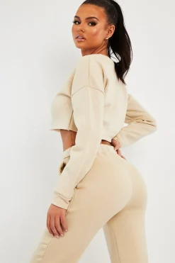 Rebellious Fashion Beige Round Neck Cropped Sweatshirt - Lenny
