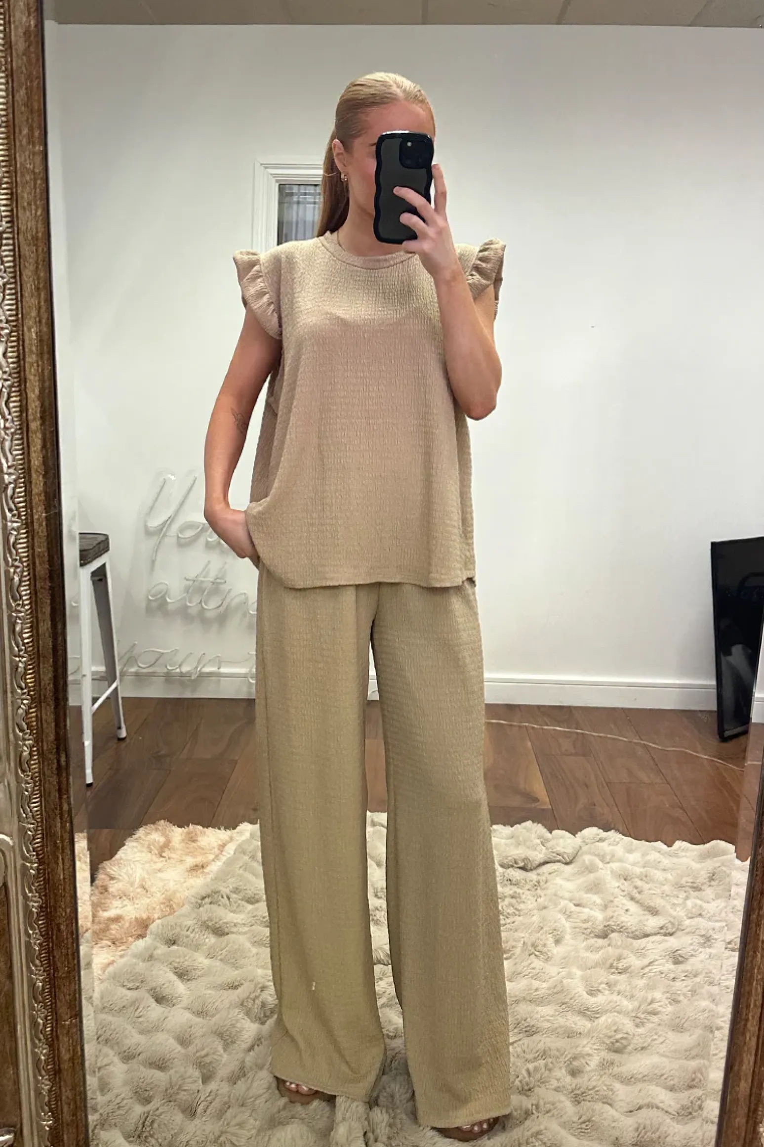 Rebellious Fashion Beige Round Neck Frill Sleeve Top & Straight Leg Trousers Co-ord Set - Ruby