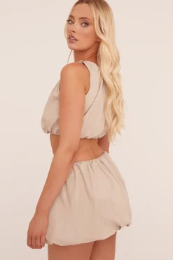 Rebellious Fashion Beige Round Neck Puffball Top & Mini Skirt Co-ord Set - Calbi