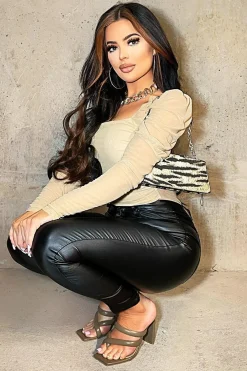 Rebellious Fashion Beige Ruched Body Mesh Sleeve Bodysuit - Raeya